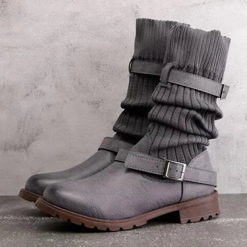 Marvina | Damen Winterstiefel Strickschaft Blockabsatz - Taupe - Image 3