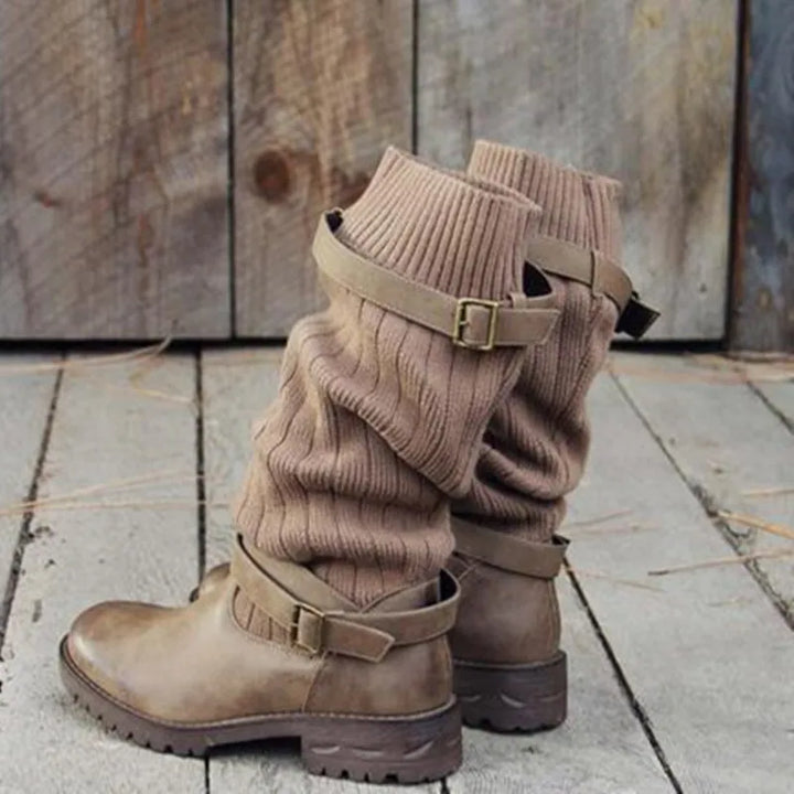 Marvina | Damen Winterstiefel Strickschaft Blockabsatz - Taupe - Image 5
