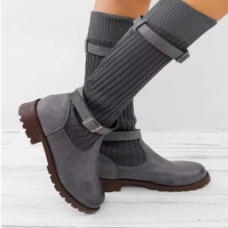 Marvina | Damen Winterstiefel Strickschaft Blockabsatz - Taupe - Image 6