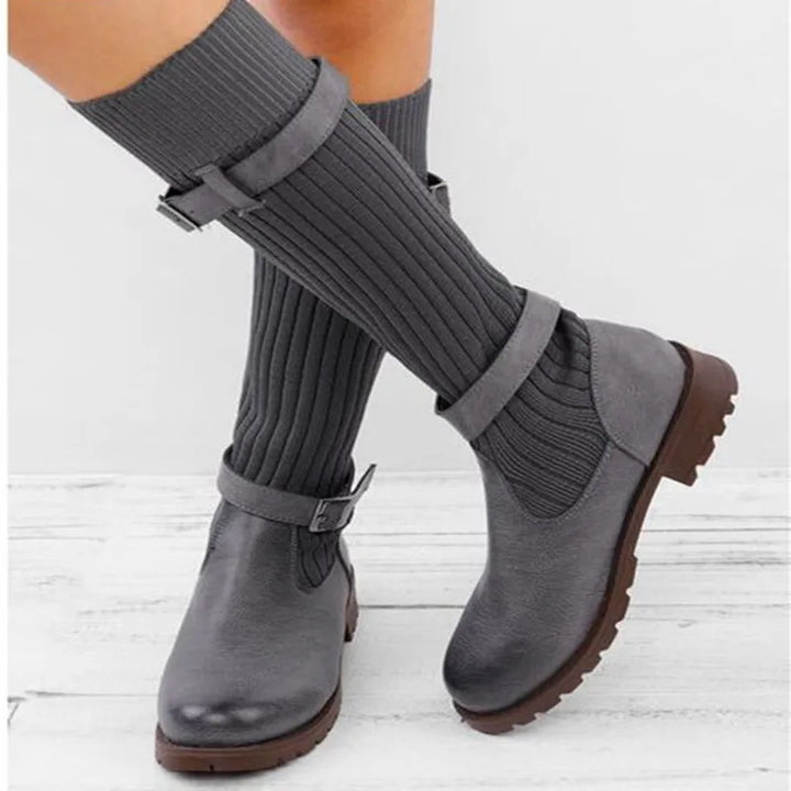 Marvina | Damen Winterstiefel Strickschaft Blockabsatz - Taupe - Image 7