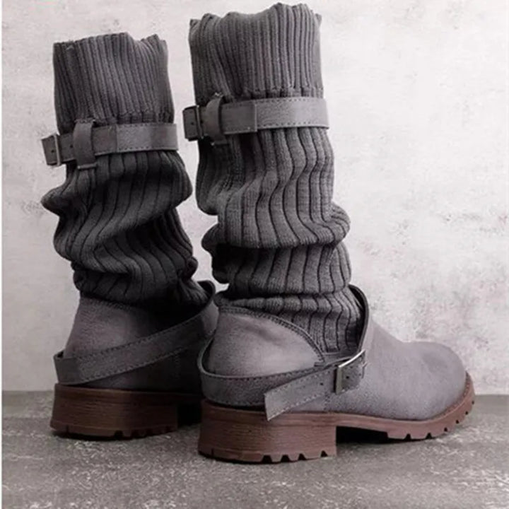 Marvina | Damen Winterstiefel Strickschaft Blockabsatz - Taupe - Image 8
