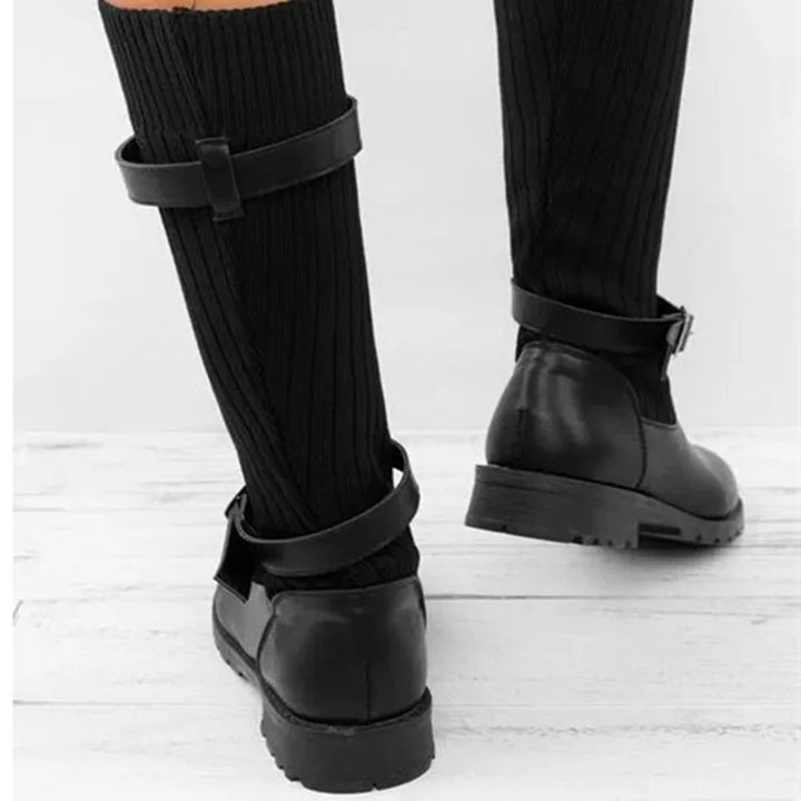 Marvina | Damen Winterstiefel Strickschaft Blockabsatz - Taupe - Image 9