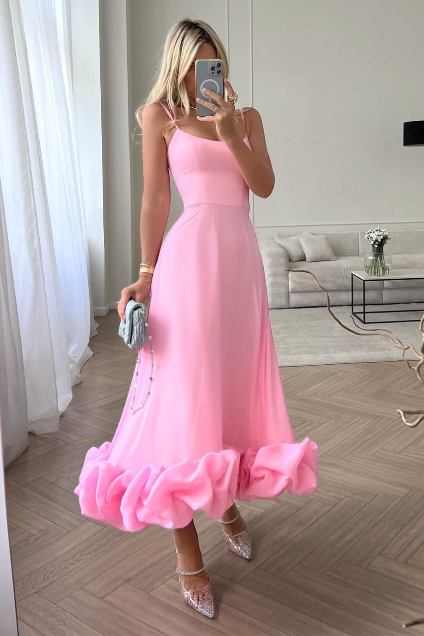Mathilda | Damen Spaghettiträger Midikleid Rüschensaum - Pink - Image 1