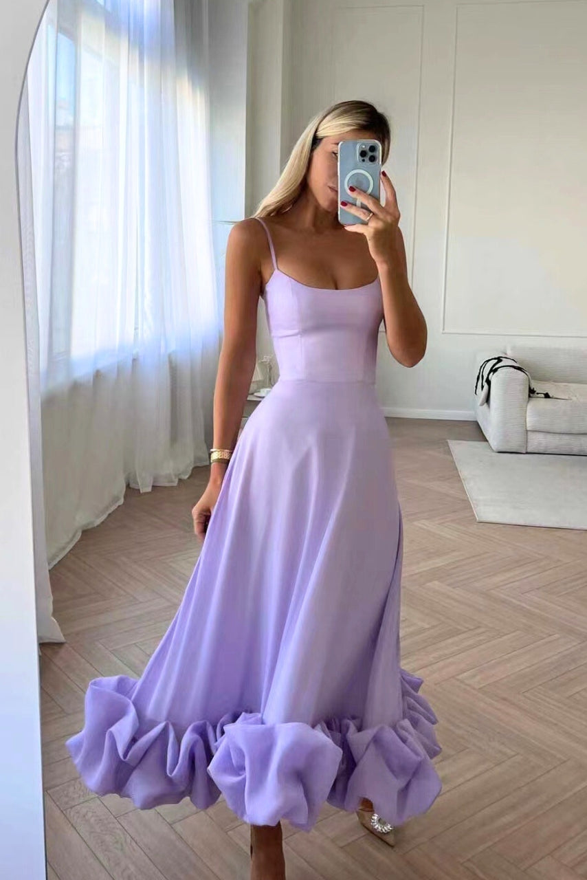 Mathilda | Damen Spaghettiträger Midikleid Rüschensaum - Pink - Image 6