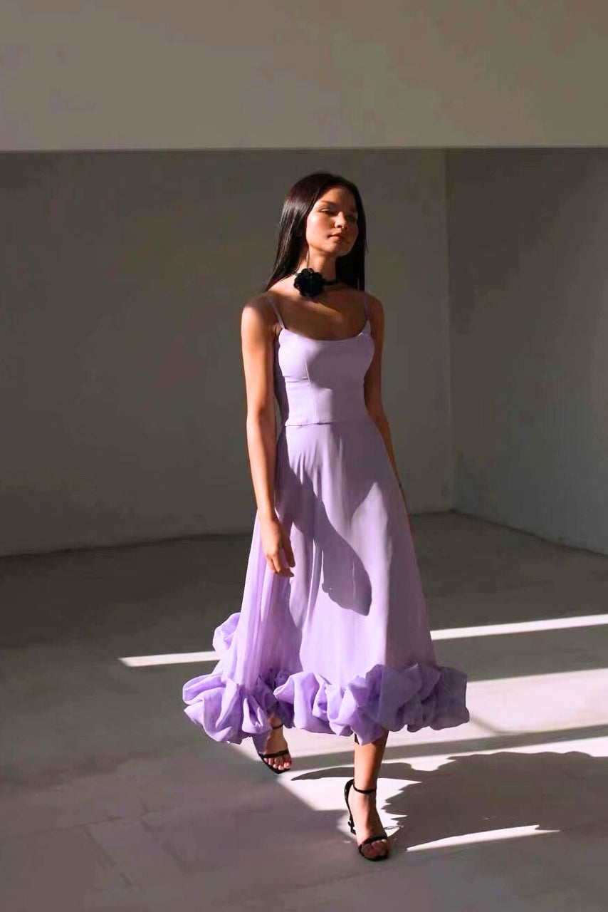 Mathilda | Damen Spaghettiträger Midikleid Rüschensaum - Pink - Image 8