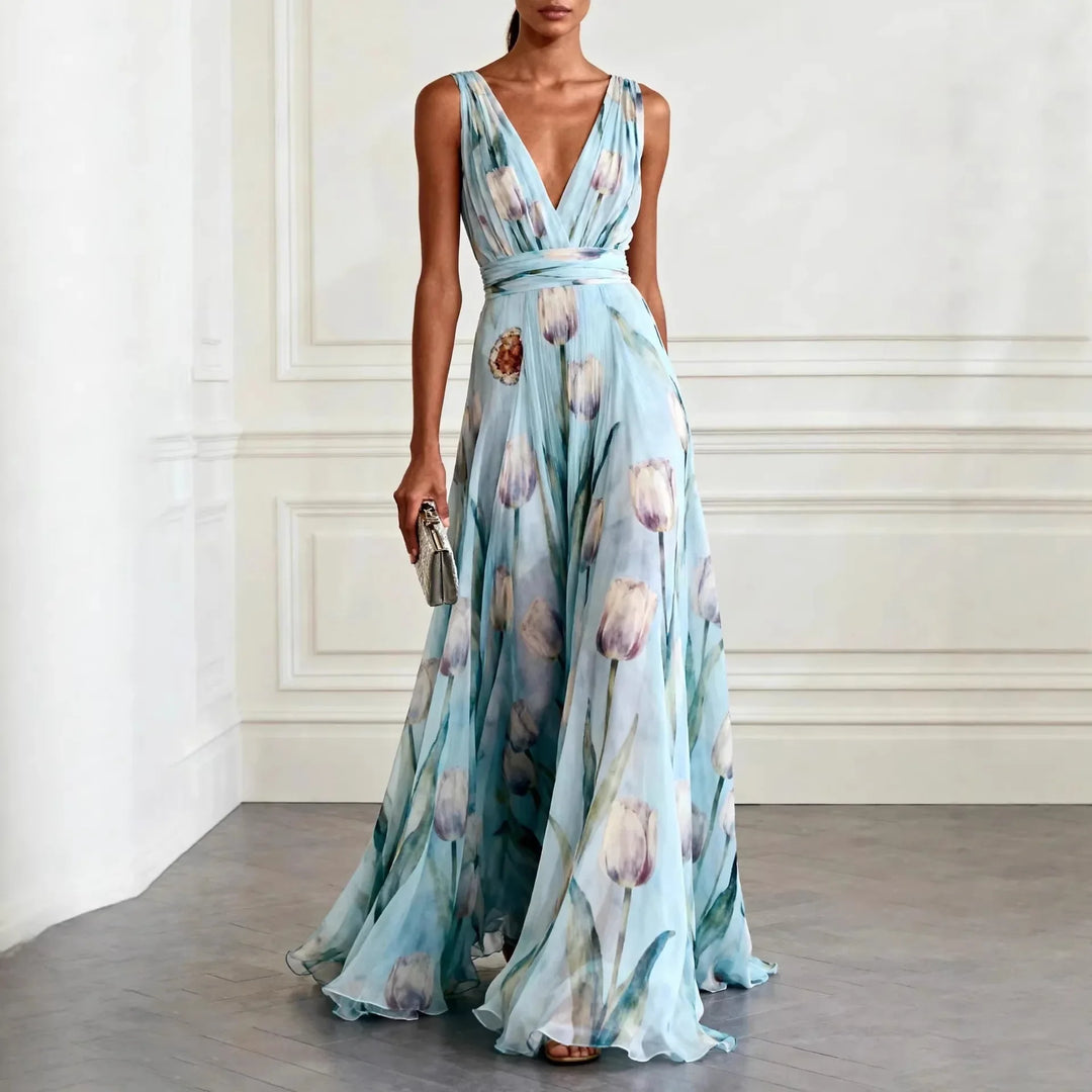 Mathilde | Damen V-Ausschnitt Maxikleid Blumenmuster - Light Blue - Image 1