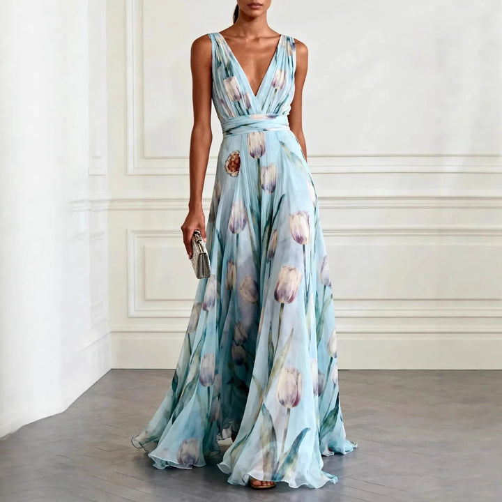 Mathilde | Damen V-Ausschnitt Maxikleid Blumenmuster - Light Blue - Image 1