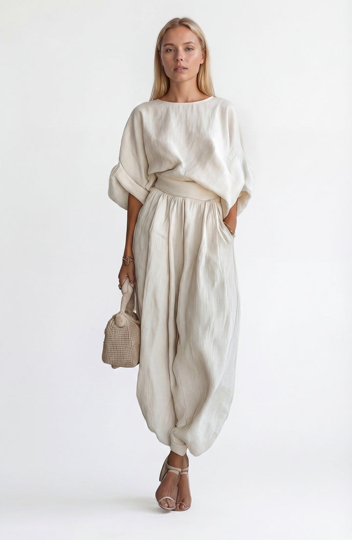 Mereike | Damen Zweiteiler Oversize Bluse & Weite Hose - Cream - Image 1