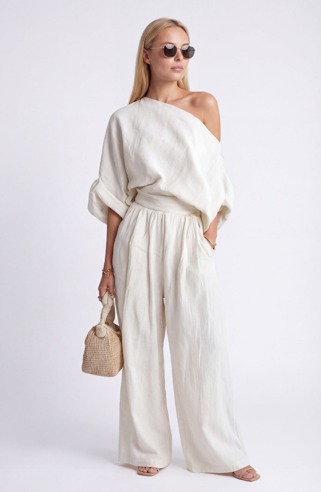 Mereike | Damen Zweiteiler Oversize Bluse & Weite Hose - Cream - Image 2