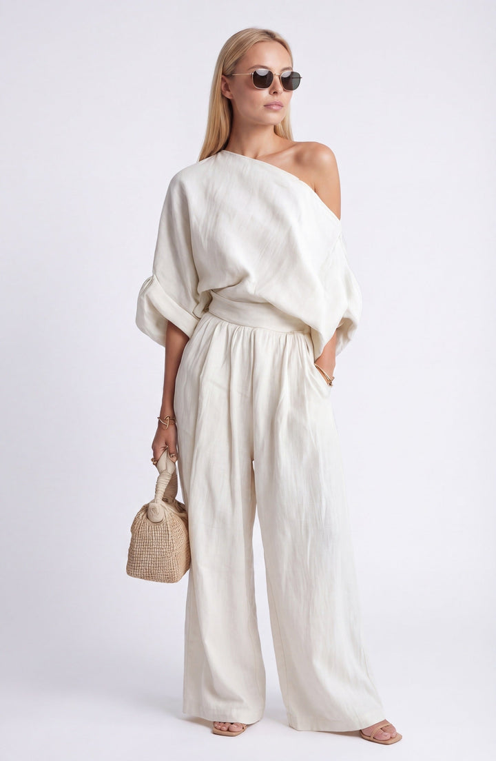 Mereike | Damen Zweiteiler Oversize Bluse & Weite Hose - Cream - Image 2