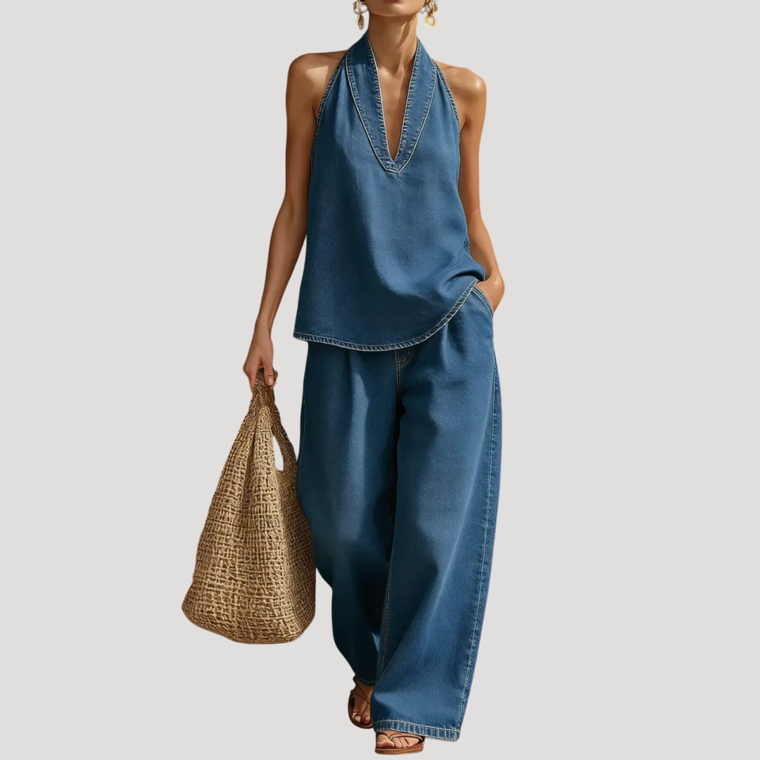 Meret | Damen Neckholder Zweiteiler Set Weite Hose - Blue - Image 1