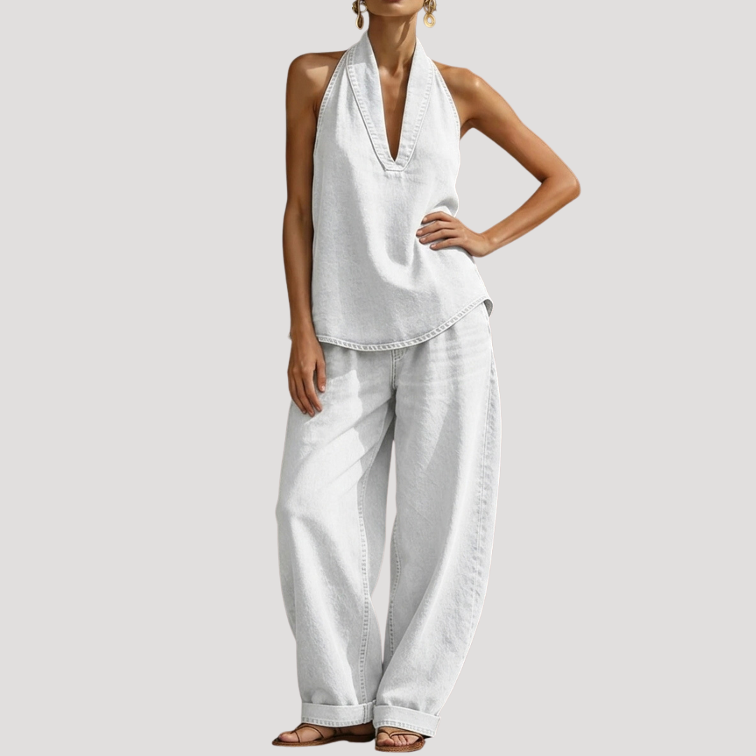 Meret | Damen Neckholder Zweiteiler Set Weite Hose - Blue - Image 10