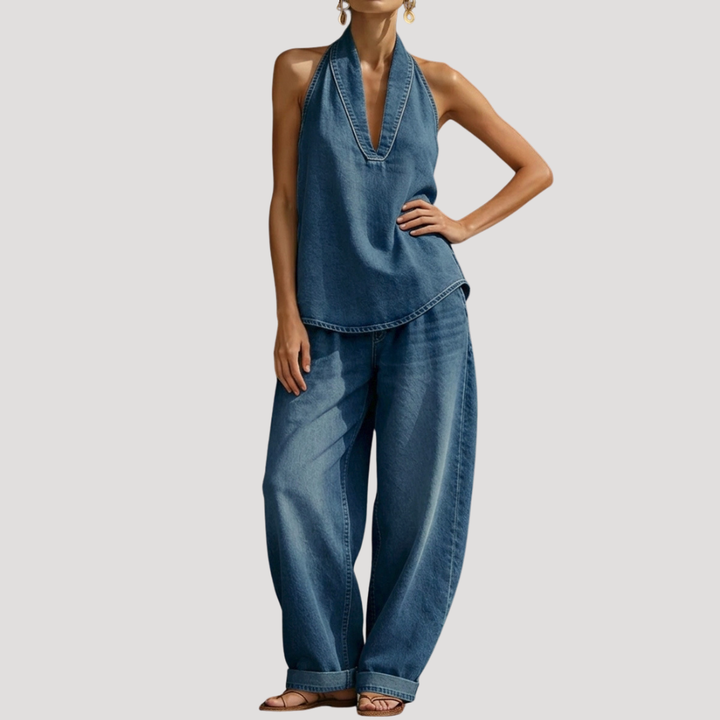 Meret | Damen Neckholder Zweiteiler Set Weite Hose - Blue - Image 2