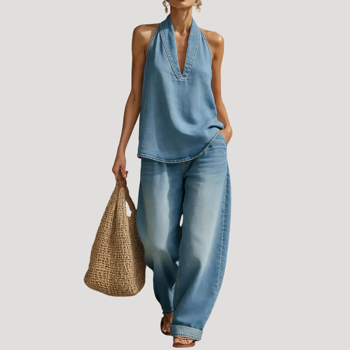 Meret | Damen Neckholder Zweiteiler Set Weite Hose - Blue - Image 3