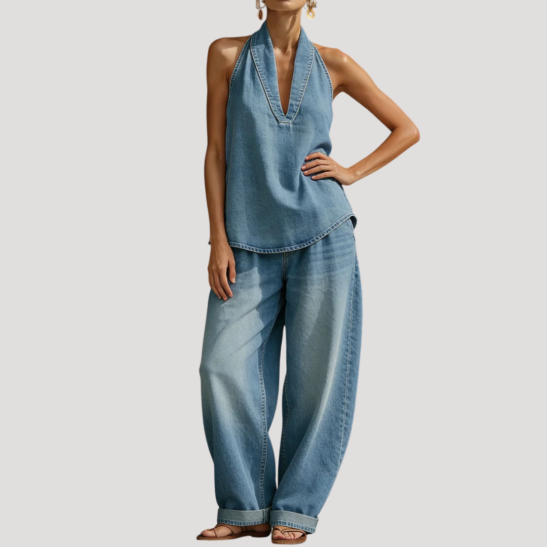 Meret | Damen Neckholder Zweiteiler Set Weite Hose - Blue - Image 4