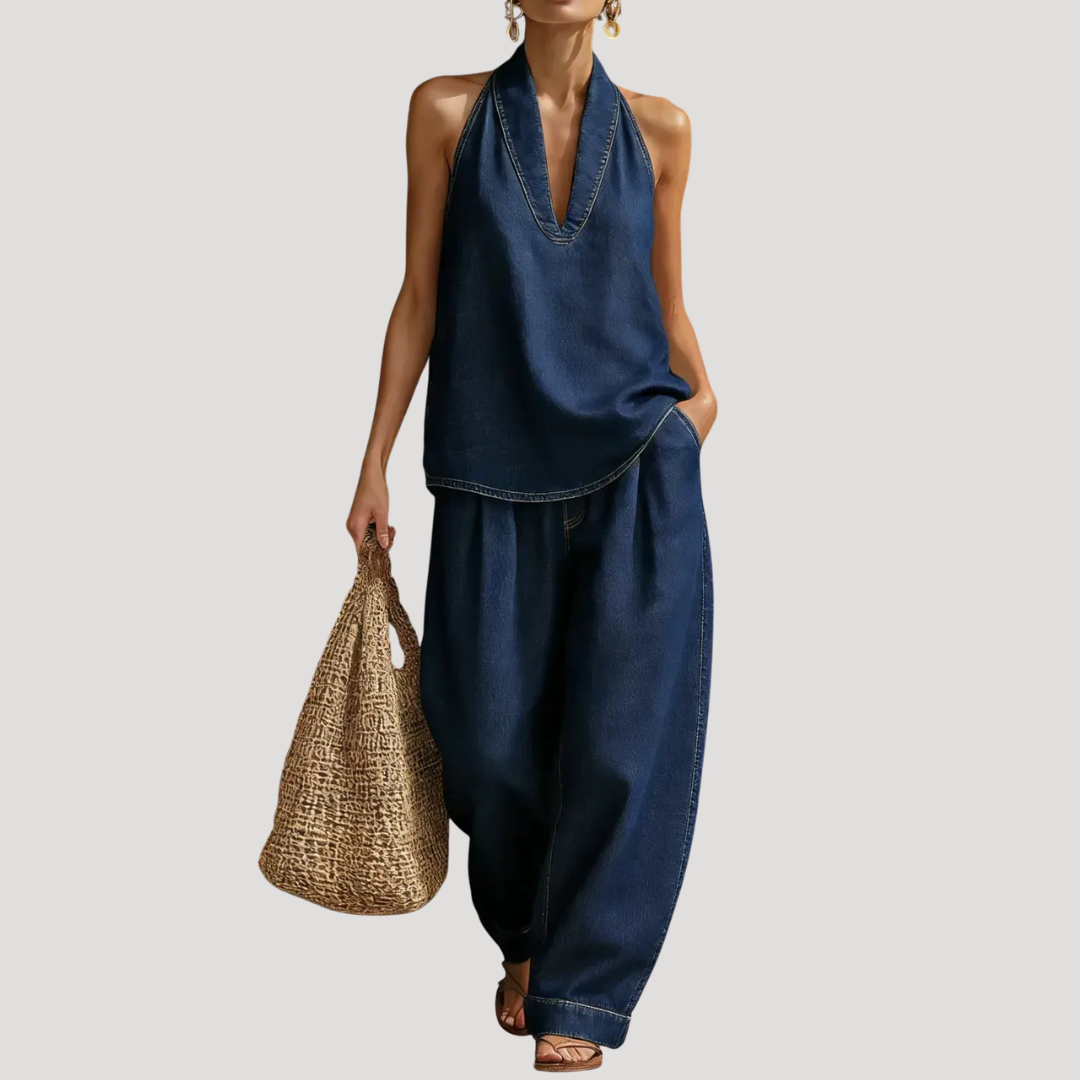 Meret | Damen Neckholder Zweiteiler Set Weite Hose - Blue - Image 5