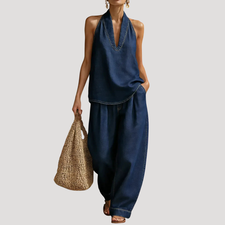 Meret | Damen Neckholder Zweiteiler Set Weite Hose - Blue - Image 5