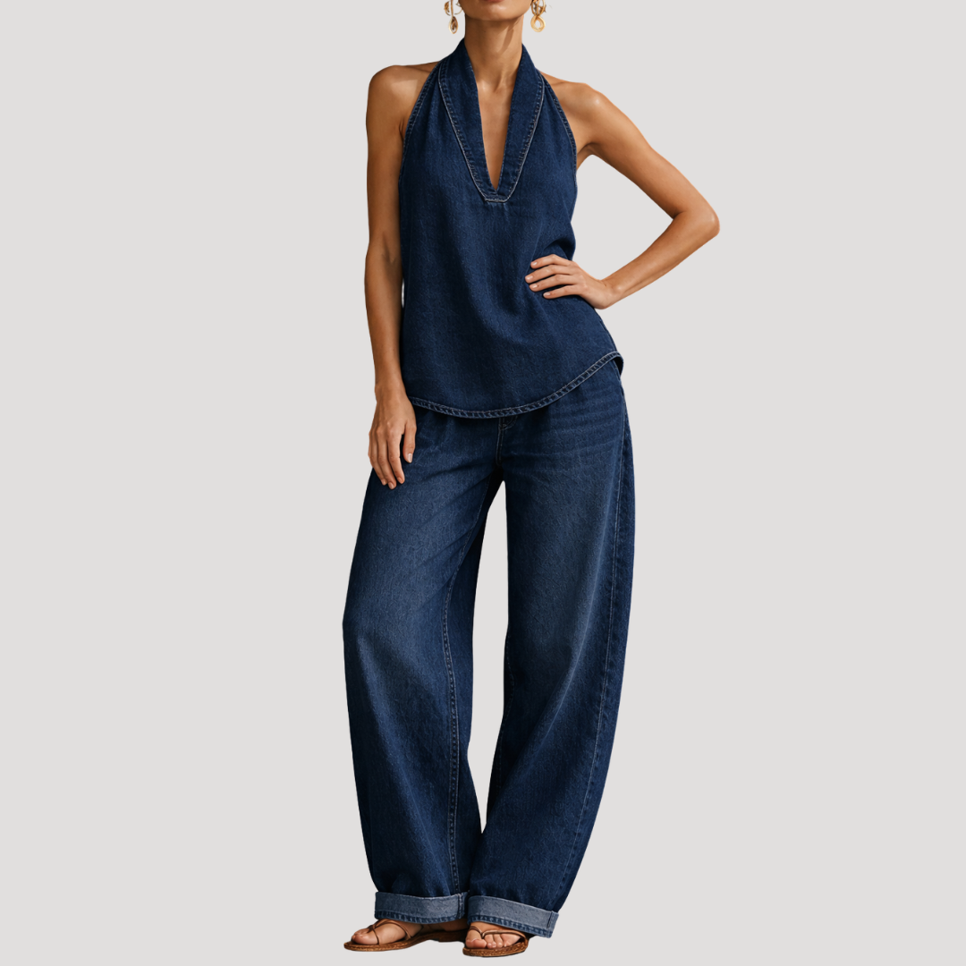 Meret | Damen Neckholder Zweiteiler Set Weite Hose - Blue - Image 6