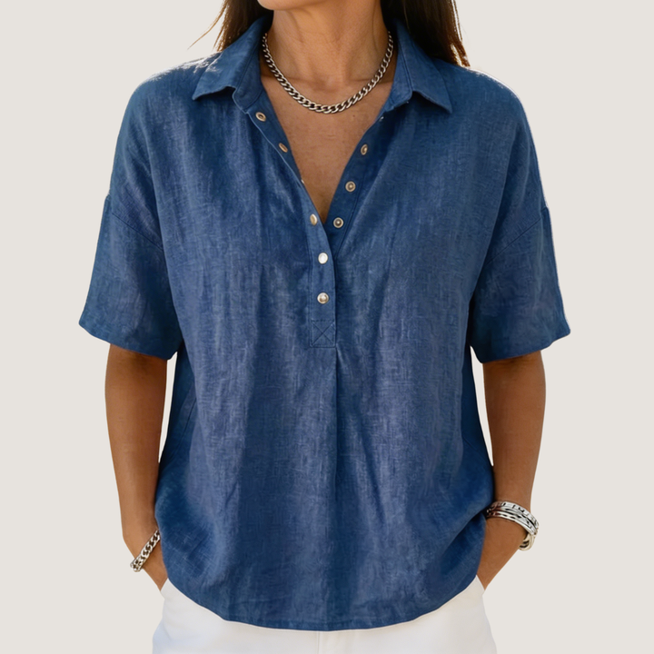 Merle | Damen Kurzarmbluse mit Hemdkragen und Knopfleiste - Blue - Image 1