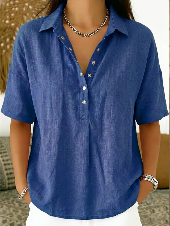 Merle | Damen Kurzarmbluse mit Hemdkragen und Knopfleiste - Blue - Image 3