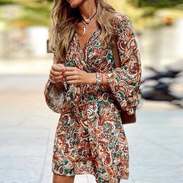 Milena | Damen Paisley Mini Kleid Langarm V-Ausschnitt - Image 2