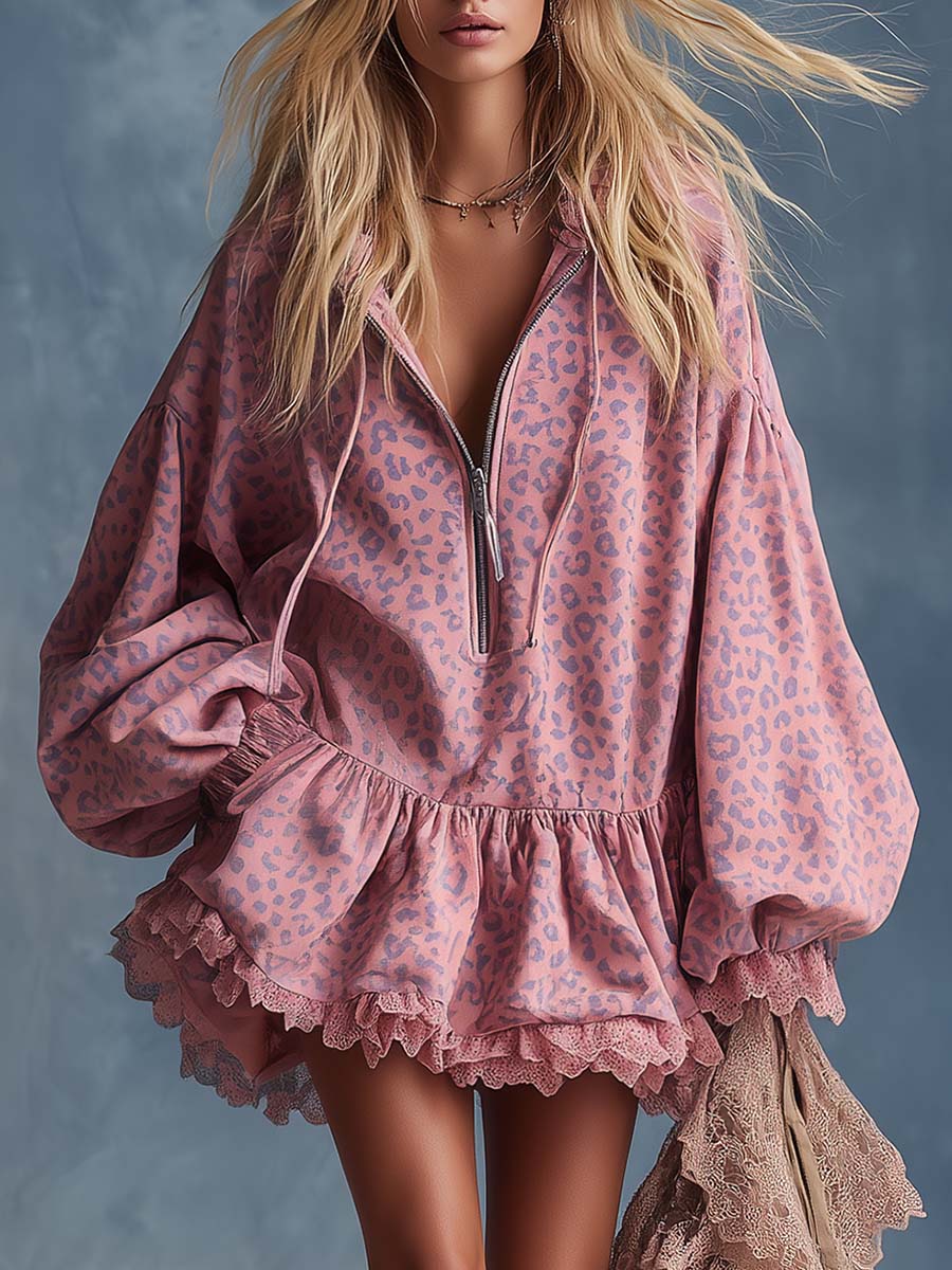 Minerva | Damen Leopardenmuster Mini Kleid mit Kapuze - Pink - Image 1