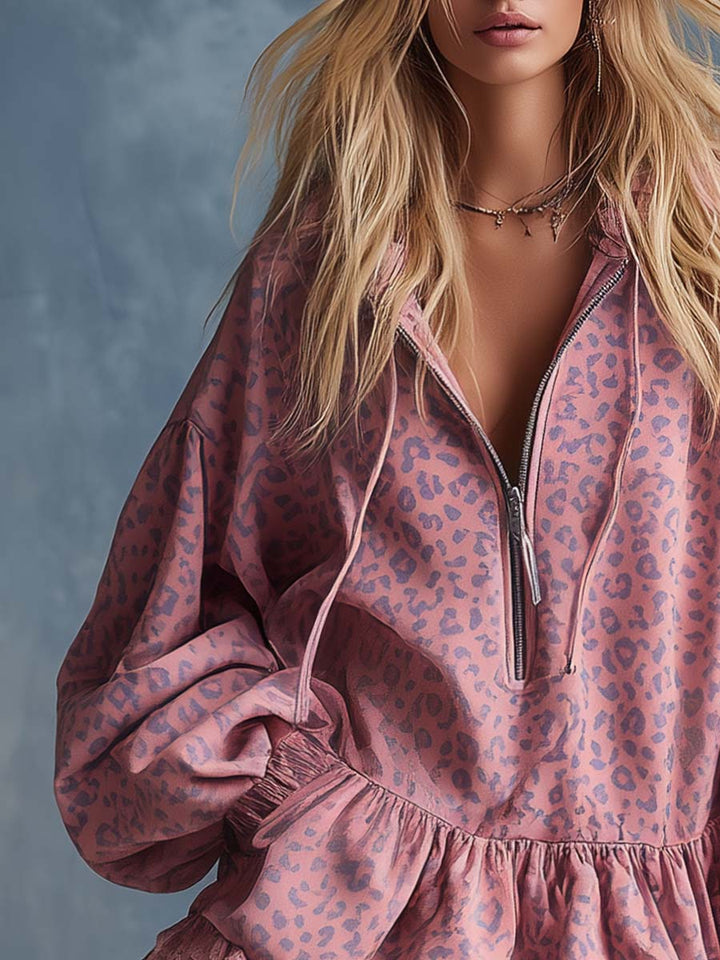 Minerva | Damen Leopardenmuster Mini Kleid mit Kapuze - Pink - Image 4