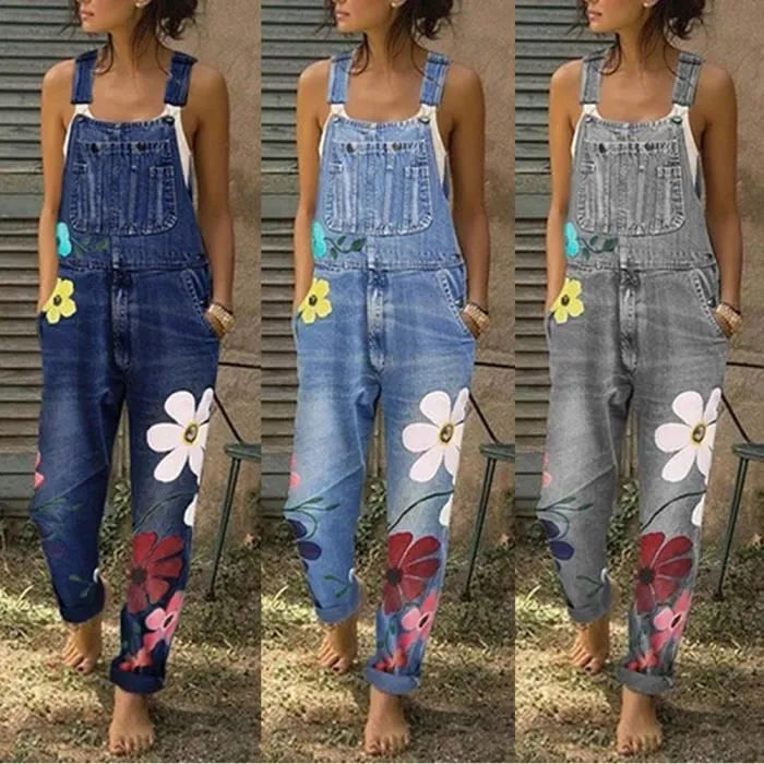 Mila | Damen Denim Latzhose mit Blumenmuster Jeans Overall