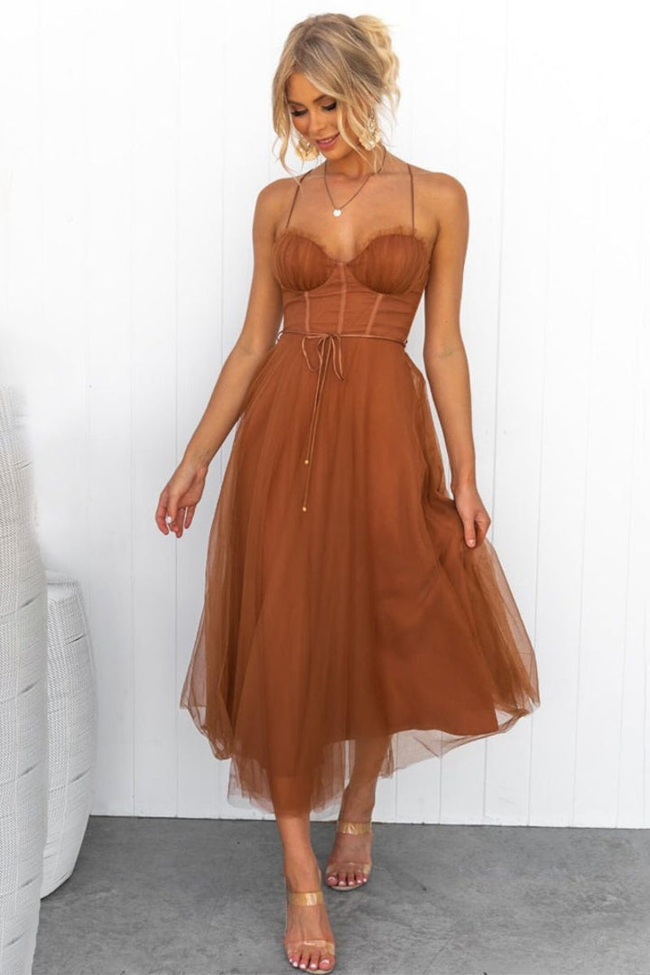 Mirela | Damen Tüllkleid Korsett Midi Kleid - Brown - Image 1
