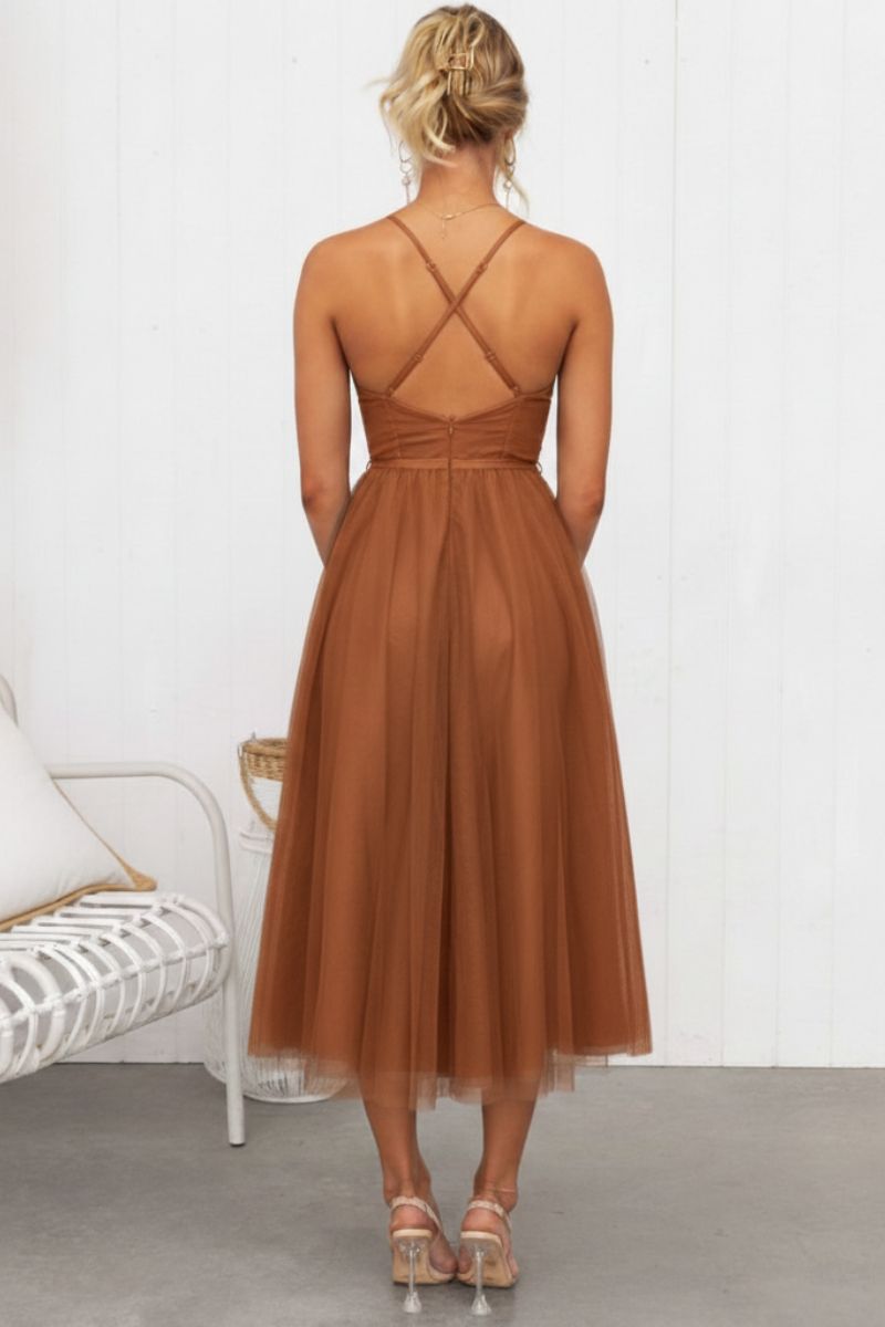 Mirela | Damen Tüllkleid Korsett Midi Kleid - Brown - Image 2