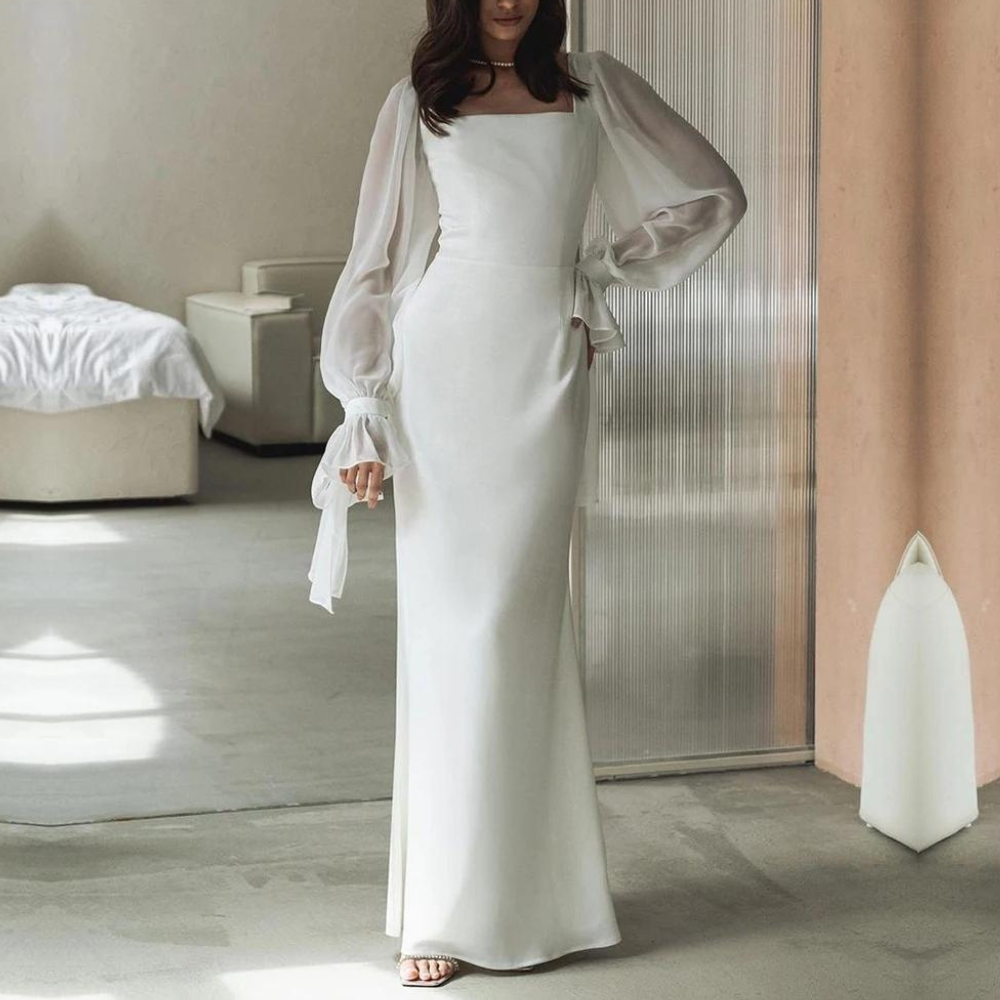 Mirella | Damen Langarm Maxikleid Eckiger Ausschnitt - White - Image 1