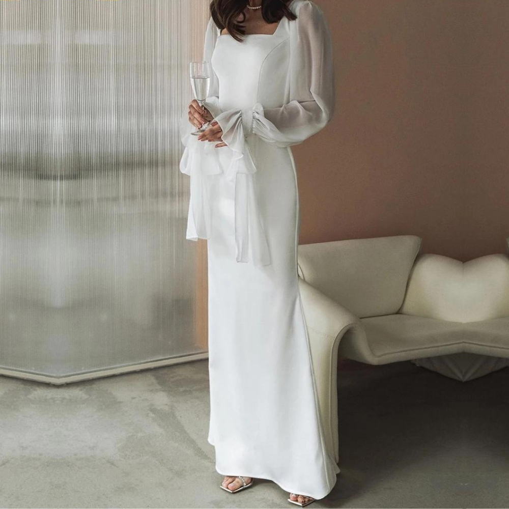 Mirella | Damen Langarm Maxikleid Eckiger Ausschnitt - White - Image 2