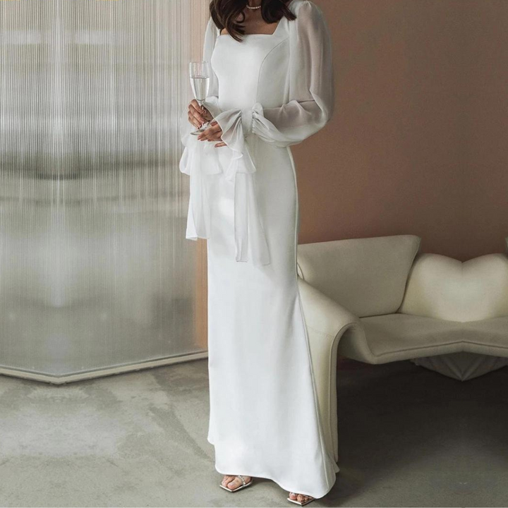 Mirella | Damen Langarm Maxikleid Eckiger Ausschnitt - White - Image 2