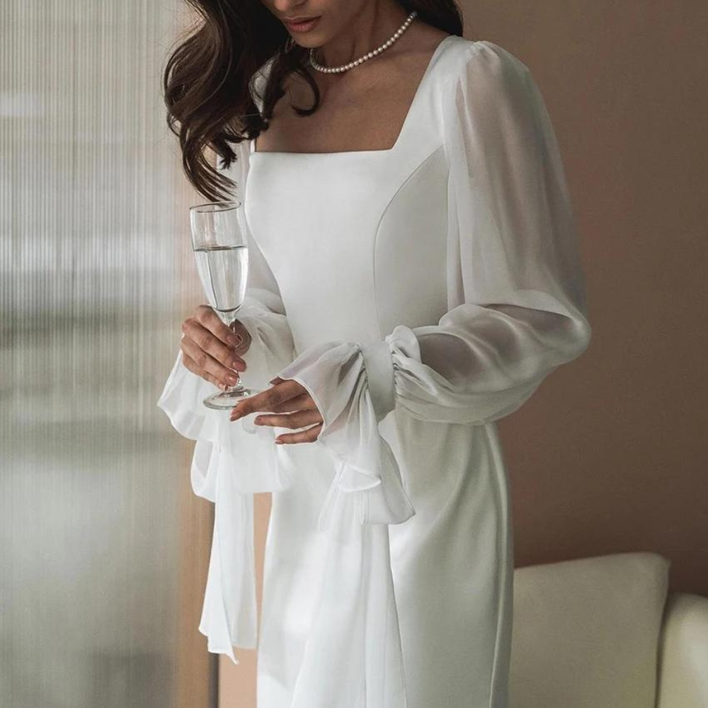 Mirella | Damen Langarm Maxikleid Eckiger Ausschnitt - White - Image 4