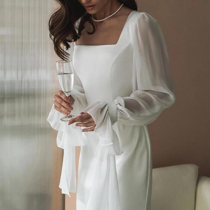 Mirella | Damen Langarm Maxikleid Eckiger Ausschnitt - White - Image 4
