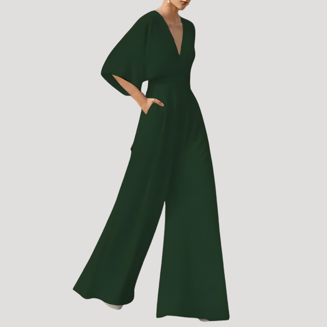 Mirka | Damen Jumpsuit Weites Bein V-Ausschnitt - Dark Green - Image 1