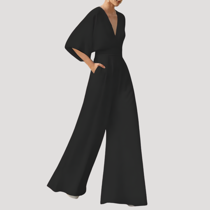Mirka | Damen Jumpsuit Weites Bein V-Ausschnitt - Dark Green - Image 2