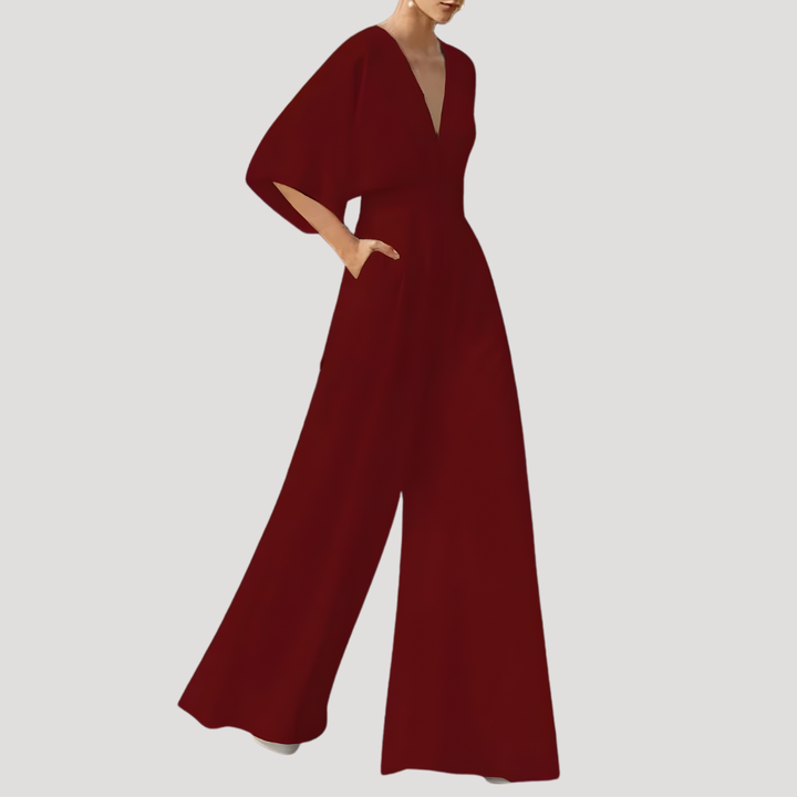 Mirka | Damen Jumpsuit Weites Bein V-Ausschnitt - Dark Green - Image 3