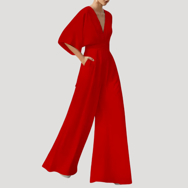 Mirka | Damen Jumpsuit Weites Bein V-Ausschnitt - Dark Green - Image 4