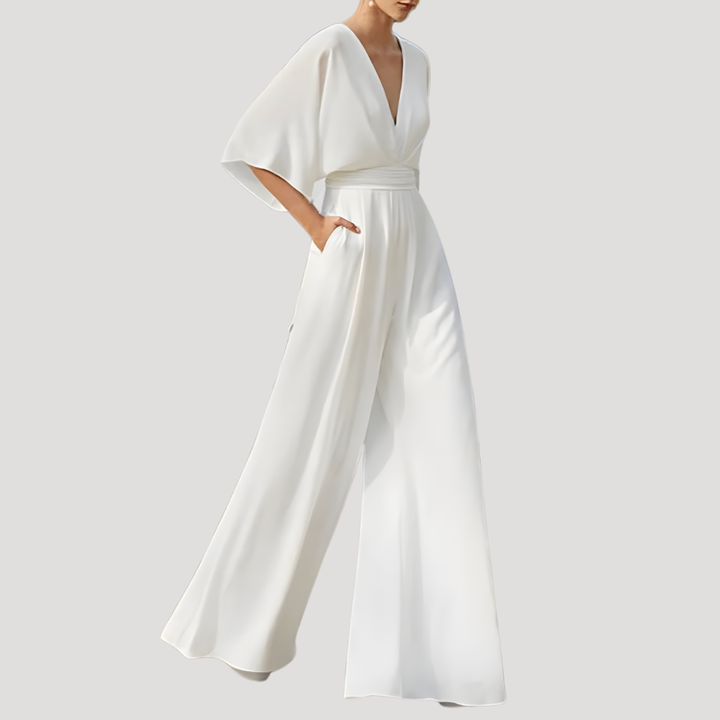 Mirka | Damen Jumpsuit Weites Bein V-Ausschnitt - Dark Green - Image 7
