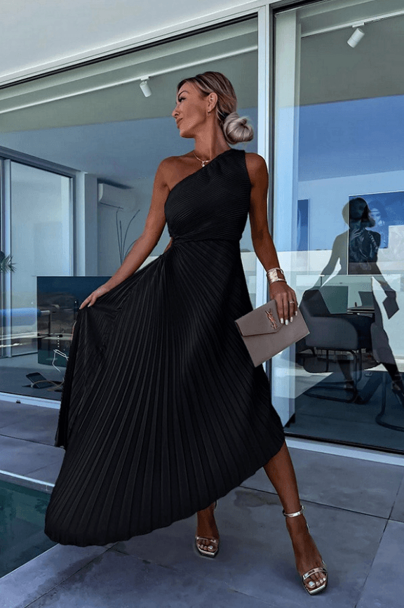 Mirka | Damen One-Shoulder Plisseekleid Midi - White - Image 3