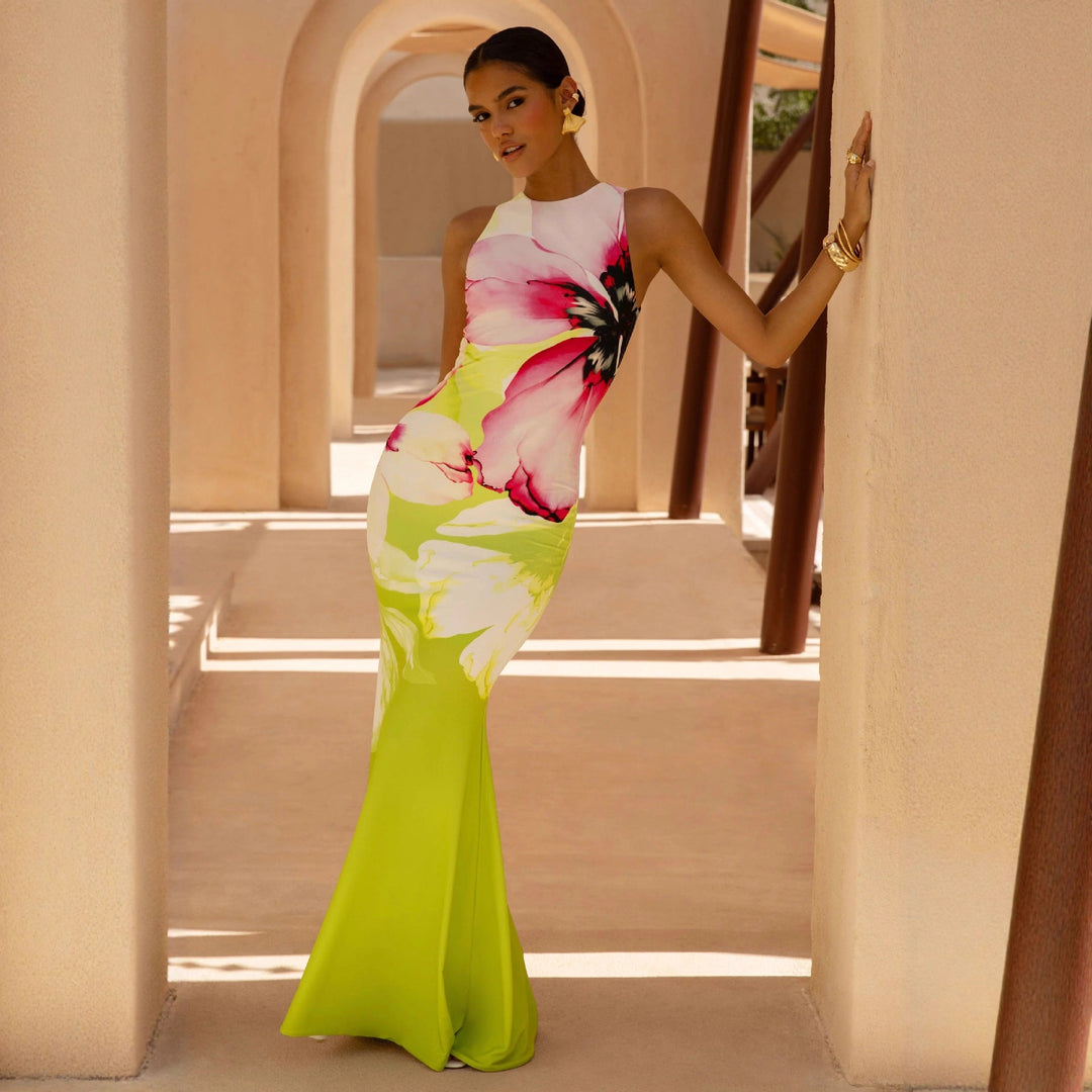 Nadège | Damen Florales Maxikleid Ärmellos Figurbetonend - Floral - Image 4
