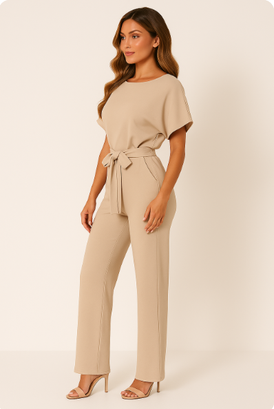 Nadia | Damen Kurzarm Overall Jumpsuit mit Bindegürtel - Beige - Image 1