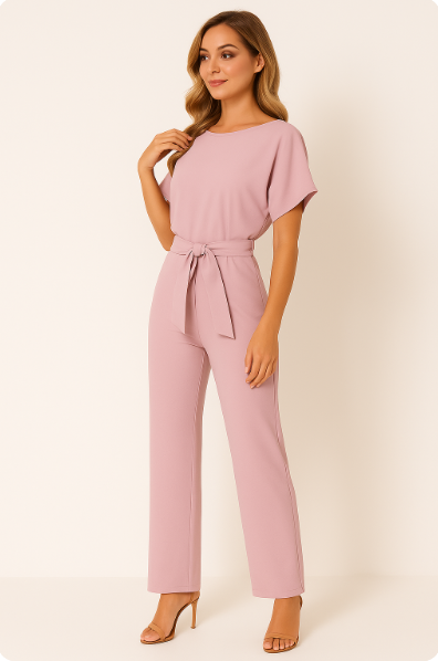 Nadia | Damen Kurzarm Overall Jumpsuit mit Bindegürtel - Beige - Image 10