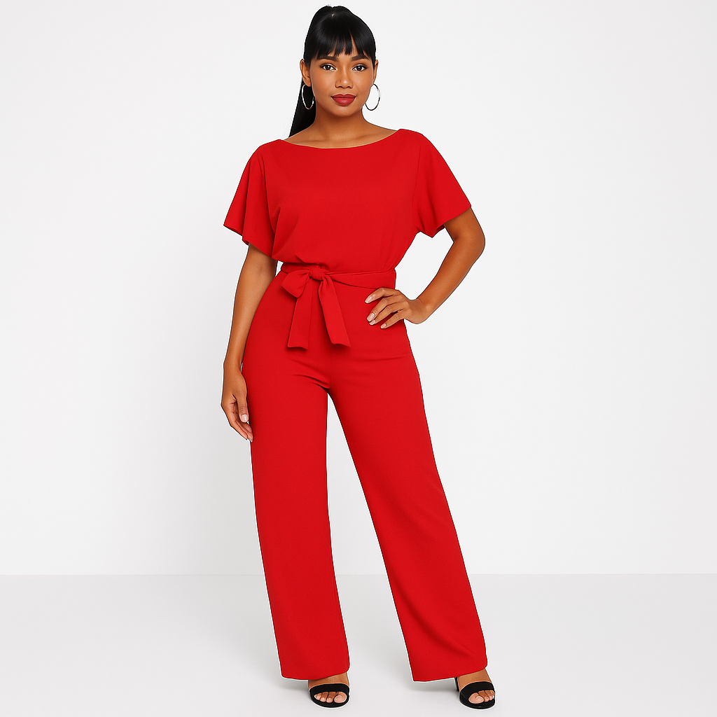 Nadia | Damen Kurzarm Overall Jumpsuit mit Bindegürtel - Beige - Image 11