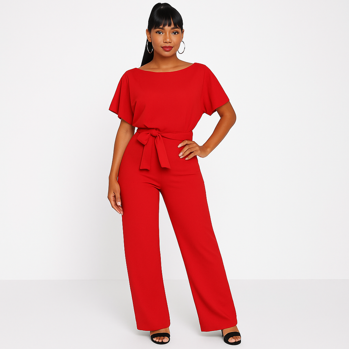 Nadia | Damen Kurzarm Overall Jumpsuit mit Bindegürtel - Beige - Image 11