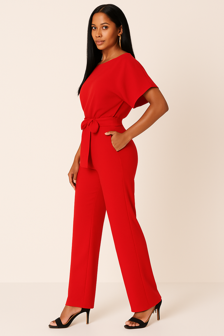 Nadia | Damen Kurzarm Overall Jumpsuit mit Bindegürtel - Beige - Image 12