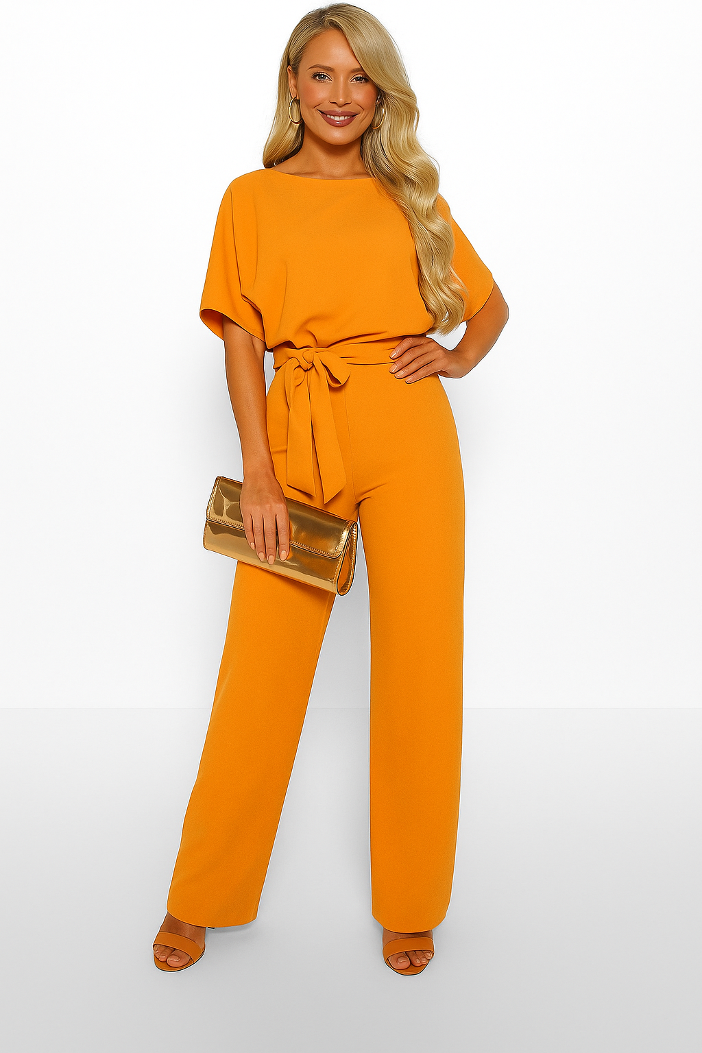 Nadia | Damen Kurzarm Overall Jumpsuit mit Bindegürtel - Beige - Image 13
