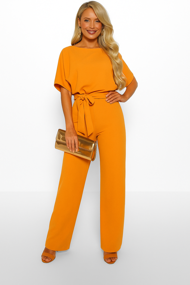 Nadia | Damen Kurzarm Overall Jumpsuit mit Bindegürtel - Beige - Image 13