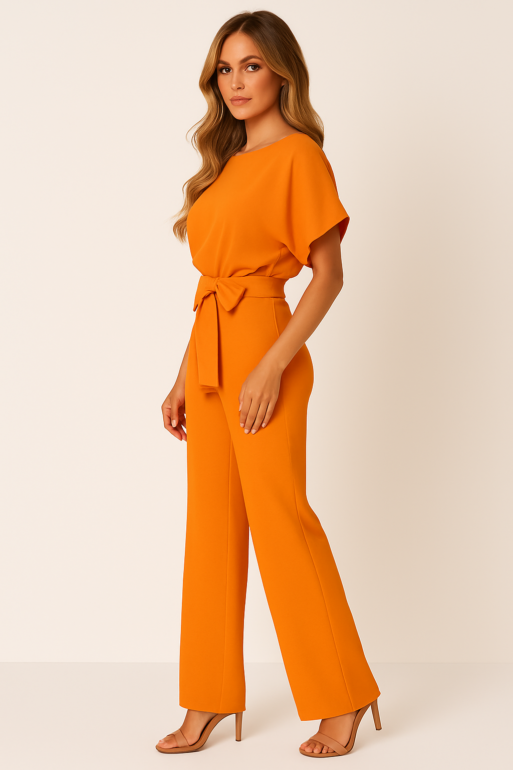 Nadia | Damen Kurzarm Overall Jumpsuit mit Bindegürtel - Beige - Image 14